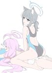  2girls absurdres ahoge animal_ear_fluff animal_ears bangs barefoot bikini bikini_skirt black_one-piece_swimsuit blue_archive blue_eyes blue_one-piece_swimsuit blush closed_eyes extra_ears eyewear_on_head girl_on_top grey_hair halo heart highres hoshino_(blue_archive) hoshino_(swimsuit)_(blue_archive) long_hair looking_at_viewer lying masabodo multiple_girls on_stomach one-piece_swimsuit open_mouth parted_lips pink_hair ponytail shiroko_(blue_archive) shiroko_(swimsuit)_(blue_archive) sitting sitting_on_person sunglasses swimsuit twintails very_long_hair white_bikini 