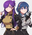  2girls adjusting_clothes adjusting_gloves bangs black_gloves blue_eyes blue_hair breasts buttons byleth_(fire_emblem) byleth_(fire_emblem)_(female) closed_mouth commentary_request fire_emblem fire_emblem:_three_houses fire_emblem_warriors:_three_hopes garreg_mach_monastery_uniform gloves grey_background hair_between_eyes hair_bun hair_over_one_eye hairband highres large_breasts long_hair looking_at_viewer multiple_girls official_alternate_costume one_eye_covered peach11_01 pink_hairband purple_eyes purple_hair shez_(fire_emblem) shez_(fire_emblem)_(female) simple_background single_hair_bun smile twitter_username uniform very_long_hair 