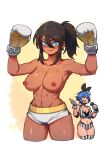  &gt;:) 2girls arms_up bangs bare_shoulders black_hair blue_eyes boxing_gloves breasts cleavage closed_mouth collarbone commentary cropped_legs dark-skinned_female dark_skin dif_(difman) difman english_commentary fingerless_gloves gloves grey_gloves hair_between_eyes highres looking_at_viewer medium_breasts multiple_girls nipples original ponytail short_shorts shorts smile solo_focus striped striped_thighhighs sweat thighhighs topless v-shaped_eyebrows vertical-striped_thighhighs vertical_stripes white_background white_shorts 