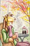  autumn beverage brushfire coffee cozy equid equine fall_(disambiguation) horn horse mammal outside painting_(artwork) scarf traditional_media_(artwork) unicorn watercolor_(artwork) 