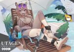  1girl animal_ears arknights barefoot beach_chair beach_umbrella bikini blue_nails blue_shorts braid breasts brown_hair brown_jacket character_name denim denim_shorts fangs feet foreshortening hair_ornament highres huge_breasts jacket k-rha&#039;s knee_up legs long_hair looking_at_viewer nail_polish navel off_shoulder official_alternate_costume open_mouth purple_eyes round_eyewear shorts soles solo stomach striped striped_bikini sunglasses swimsuit tail toenail_polish toenails toes umbrella utage_(arknights) utage_(summer_flowers)_(arknights) white_bikini x_hair_ornament 