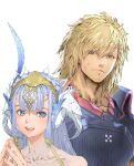  1girl blonde_hair blue_eyes brown_eyes facial_hair feather_hair_ornament feathers grey_hair hair_ornament highres laeticia_aucerius looking_at_another looking_at_viewer multiple_girls official_art raymond_lawrence scar scar_on_cheek scar_on_face smile star_ocean star_ocean_the_divine_force stubble sweatdrop white_hair yasuda_akira 