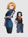  1boy 1girl android_17 android_18 bandana black_hair black_shirt blonde_hair blue_eyes blue_jacket blue_pants blue_shorts brother_and_sister denim dragon_ball dragon_ball_z earrings grey_background jacket jeans jewelry kemachiku pants red_bandana red_ribbon_army shirt short_hair shorts siblings simple_background twins white_sleeves 