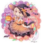  1girl animal_ears artist_name bangs bat_(animal) belly_chain black_headwear blonde_hair bob_cut bow candy clothing_cutout collared_dress cookie crystal dated dress fang flandre_scarlet floating food frilled_sleeves frills ghost gloves halloween halloween_bucket halloween_costume haruki_(colorful_macaron) hat hat_bow hat_ornament holding jack-o&#039;-lantern_hat_ornament jack-o&#039;-lantern_ornament jawbreakers jewelry legs_up lollipop long_hair looking_at_viewer macaron medium_dress neck_ribbon open_mouth orange_bow orange_dress puffy_short_sleeves puffy_sleeves red_eyes red_ribbon ribbon short_sleeves shoulder_cutout signature skirt_hold smile solo star_(symbol) touhou white_gloves wings witch_hat 
