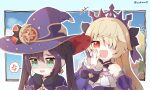  2girls :d absurdres anger_vein bangs black_hair blonde_hair choker commentary_request detached_sleeves earrings eyepatch fischl_(ein_immernachtstraum)_(genshin_impact) fischl_(genshin_impact) genshin_impact green_eyes hair_between_eyes hair_over_one_eye hat hat_ornament highres jewelry laughing long_hair long_sleeves looking_at_another mona_(genshin_impact) multiple_girls official_alternate_costume red_eyes shaded_face sidelocks smile spoken_anger_vein tiara twintails twitter_username witch_hat yoshinao_(yoshinao_0203) 
