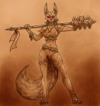  anthro bottomwear breasts canid canid_demon canine canis clothing collar demon female glowing glowing_eyes hair hair_over_eye hellhound hi_res inktober loafofbirb looking_at_viewer mammal neck_tuft one_eye_obstructed shirt shorts smile smiling_at_viewer smirk solo spiked_collar spikes topwear torn_bottomwear torn_clothing torn_shirt torn_shorts torn_topwear tuft weapon weapon_on_shoulder weretober 