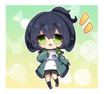  1girl :d bangs black_hair black_shorts black_socks blush breasts commentary_request full_body green_eyes green_jacket gym_shirt gym_shorts gym_uniform hair_between_eyes highres jacket kyoumachi_seika large_breasts long_sleeves looking_at_viewer milkpanda notice_lines open_clothes open_jacket outline ponytail puffy_long_sleeves puffy_sleeves shirt shoes short_eyebrows shorts sleeves_past_wrists smile socks solo thick_eyebrows track_jacket uwabaki voiceroid white_footwear white_outline white_shirt 