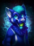  3:4 anthro ball ball_in_mouth blue_body blue_eyes blue_fur blue_hair blue_tongue canid cheek_tuft chest_tuft cosmic_background elbow_tuft facial_tuft fur glistening glistening_eyes hair half-length_portrait male mammal mylafox nebula nude open_mouth open_smile portrait short_hair shoulder_tuft smile solo space space_background text tongue tongue_out tuft url white_body white_fur white_nose 