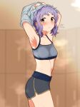  1girl absurdres armpits arms_up bangs blurry blurry_background blush breasts highres idolmaster idolmaster_million_live! indoors locker locker_room looking_back makabe_mizuki milliani parted_lips purple_hair short_hair shorts sidelocks small_breasts sports_bra stained_clothes steam steaming_body stomach sweat sweaty_clothes translation_request undressing wet yellow_eyes 