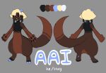  2_horns 4_fingers absurd_res anthro bangs belly big_butt black_body black_fur black_hair black_nose black_pawpads black_sclera blonde_hair blue_claws blue_hooves blue_horn brown_body brown_fur butt butt_heart clawed_fingers claws cloven_hooves digitigrade dreamscreep ears_down eye_markings eyebrows facial_markings fan_character fangs fingers fluffy fluffy_tail full-length_portrait fur gloves_(marking) hair handpaw head_markings hi_res hooves horn hybrid inner_ear_fluff looking_at_viewer male markings model_sheet open_mouth open_smile pawpads paws pivoted_ears portrait prick_ears rear_view short_hair smile solo tail_markings three-quarter_view tuft wide_hips yellow_eyes 