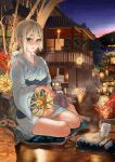  1girl absurdres bangs blonde_hair brown_eyes evening highres house idolmaster idolmaster_cinderella_girls idolmaster_cinderella_girls_starlight_stage japanese_clothes kimono lamp legs_folded lips looking_at_viewer night night_sky onsen outdoors robe shiomi_syuko short_hair sitting sky smile snarkhunt star_(sky) steam sweat towel tree water wet wet_clothes wet_hair 