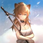  1girl animal_ears arknights black_collar blue_background breasts brown_eyes brown_hair cleavage collar holding holding_weapon large_breasts lion_ears long_hair oldercat ponytail siege_(arknights) solo studded_collar tank_top upper_body war_hammer weapon white_tank_top 
