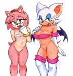  2girls amy_rose animal_ears bat_ears bat_girl bat_tail bat_wings blush boots breasts cleavage colored_skin elbow_gloves fang furry furry_female gloves green_eyes hairband hedgehog hedgehog_ears hedgehog_girl hedgehog_tail highres large_breasts looking_at_viewer multiple_girls navel non-web_source open_mouth pink_fur pussy red_hairband rouge_the_bat small_breasts sonic_(series) source_request stackincamps sweatdrop tail white_footwear white_fur white_gloves wings 