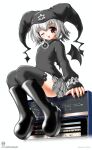  bat_wings black_sweater boots brown_eyes earrings grey_hair hat hexagram highres jester_cap jewelry looking_at_viewer mayura non-web_source one_eye_closed plaid plaid_skirt simple_background sitting skirt smile sweater ukagaka watch wings wristwatch yume_hotaru zettai_ryouiki 