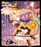  1girl adjusting_clothes adjusting_headwear artist_name back_bow bangs bat_(animal) black_footwear black_gloves black_headwear blonde_hair bloomers bobby_socks bow candy collared_dress commentary crystal cursive demon_tail dress elbow_gloves english_text fang flandre_scarlet floating food from_side ghost gloves halloween halloween_bucket halloween_costume happy_halloween haruki_(colorful_macaron) hat highres holding legs_up looking_at_viewer looking_back mary_janes open_mouth orange_bow orange_dress outline red_eyes shoes short_dress short_hair signature silk sleeveless sleeveless_dress smile socks solo spider_web symbol-only_commentary tail touhou underwear white_bloomers white_outline white_socks wings witch_hat 