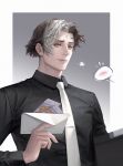  1boy black_shirt border brown_hair collared_shirt emet-selch envelope final_fantasy final_fantasy_xiv forehead_jewel grey_background highres holding holding_envelope long_sleeves looking_to_the_side male_focus multicolored_hair necktie parted_lips shirt short_hair smile solo spoken_blush two-tone_hair upper_body white_hair white_necktie yellow_eyes yufy 