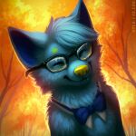  1:1 anthro blue_body blue_bow_tie blue_fur blue_hair bust_portrait canid cheek_tuft chest_tuft closed_smile eyes_closed eyewear facial_tuft fangs fur glasses hair happy male mammal mouth_closed mylafox outside plant portrait short_hair solo square_glasses text tree tuft url yellow_nose 