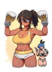  &gt;:) 2girls arms_up bangs bare_shoulders black_hair blue_eyes boxing_gloves breasts cleavage closed_mouth collarbone commentary cropped_legs dark-skinned_female dark_skin dif_(difman) difman english_commentary fingerless_gloves gloves grey_gloves hair_between_eyes highres looking_at_viewer medium_breasts multiple_girls original ponytail short_shorts shorts smile solo_focus striped striped_thighhighs thighhighs v-shaped_eyebrows vertical-striped_thighhighs vertical_stripes white_background white_shorts 