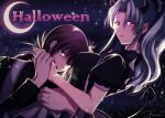  1boy 1girl blue_hair botan_(yu_yu_hakusho) breasts cloud crescent_moon fake_horns halloween hetero horns kurama_(yu_yu_hakusho) long_hair looking_at_viewer maid moon nenono open_mouth ponytail priest purple_eyes red_hair sharp_teeth star_(sky) teeth yu_yu_hakusho 