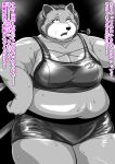  ailurid anthro belly big_belly big_breasts bodily_fluids bottomwear breasts breath clothing comic dialogue female fighting_ring greyscale hi_res japanese_text kemono mammal mature_female monochrome motion_lines overweight overweight_anthro overweight_female panting red_panda shorts skinaflint solo sound_effects sweat text thick_thighs translated wrestling 
