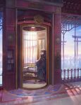  1girl blue_sky book brown_hair cup disposable_cup elevator fantasy highres multiple_torii original sakumamitsuro scroll shoes sky solo tassel torii 