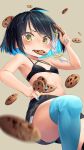  1girl bangs bikini bikini_top_only black_bikini black_hair black_shorts blue_thighhighs blurry blurry_foreground blush bob_cut braid colored_inner_hair cookie depth_of_field dropping flat_chest food grey_background grey_hair hair_ornament hairclip highres leaning_back looking_at_viewer mitake_eil mouth_hold multicolored_hair navel open_mouth original short_hair short_shorts shorts side_braid simple_background solo standing standing_on_one_leg sweatdrop swimsuit thighhighs 