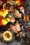  1girl abs alex_ahad belt boots breasts brown_eyes brown_hair cleavage crop_top explosion explosive fio_germi glasses grenade ground_vehicle gun highres holding holding_grenade holding_weapon knee_pads looking_to_the_side metal_slug military military_vehicle motor_vehicle narrow_waist open_clothes open_mouth open_vest ponytail rifling round_eyewear shorts shotgun signature tank vest vest_over_shirt weapon 