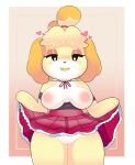  &lt;3 3_fingers absurd_res accessory animal_crossing anthro areola big_breasts blush bottomless bottomwear breasts canid canine canis clothed clothing clothing_lift digital_media_(artwork) domestic_dog dress eyelashes female fingers flashing flashing_breasts flashing_pussy frilly frilly_clothing fur genitals hair hair_accessory half-closed_eyes hi_res holding_object inverted_nipples isabelle_(animal_crossing) jewelry looking_at_viewer mammal narrowed_eyes necklace nintendo nipples onigiri_punch open_mouth open_smile pussy shih_tzu simple_background smile solo standing thick_thighs tongue topwear toy_dog video_games yellow_body yellow_fur 