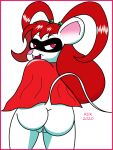  anthro biped bottomless butt cape clothed clothing digital_drawing_(artwork) digital_media_(artwork) female genitals hair long_hair looking_back mammal mask mouse murid murine open_mouth pigtails pussy reddragonkan rodent simple_background solo 