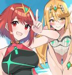  2girls :d absurdres bangs beach black_one-piece_swimsuit blonde_hair blue_sky blush breasts chest_jewel circlet cleavage closed_mouth cloud cloudy_sky happy highres long_hair looking_at_viewer medium_hair multiple_girls mythra_(radiant_beach)_(xenoblade) mythra_(xenoblade) non-web_source ootaquill open_mouth outdoors pyra_(pro_swimmer)_(xenoblade) pyra_(xenoblade) red_eyes red_hair selfie sky smile swept_bangs swimsuit v white_one-piece_swimsuit xenoblade_chronicles_(series) xenoblade_chronicles_2 yellow_eyes 