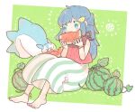  1girl alternate_costume anklet barefoot blue_eyes blue_hair bracelet dark_blue_hair dawn_(pokemon) food food_print fruit full_body hair_ornament half_updo hands_up holding holding_food holding_fruit jewelry katiko long_hair pachirisu pants pokemon pokemon_(creature) pokemon_(game) pokemon_dppt sitting sleeveless striped striped_pants sun_symbol vertical-striped_pants vertical_stripes watermelon watermelon_print watermelon_slice 