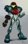  1girl alex_ahad arm_cannon clenched_hand full_body glowing grey_background helmet highres looking_at_viewer metroid metroid_dread narrow_waist power_armor power_suit samus_aran solo standing weapon 