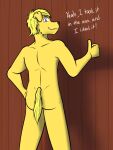  anthro butt canid canine canis dialogue domestic_dog english_text fuze garrett_(fuze) gesture hi_res looking_at_viewer looking_back looking_back_at_viewer male mammal nude solo talking_to_viewer texnatsu text thumbs_up wall_(structure) wood_wall 