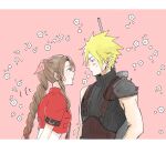  1boy 1girl aerith_gainsborough armor arms_behind_back bangs belt blonde_hair blue_shirt blush braid braided_ponytail buster_sword cloud_strife cropped_jacket dress earrings final_fantasy final_fantasy_vii final_fantasy_vii_remake flower hair_ribbon jacket jewelry leaning_forward long_hair looking_at_another nmyuo parted_bangs pink_background pink_dress pink_ribbon profile red_jacket ribbon shirt short_hair shoulder_armor sidelocks single_bare_shoulder single_earring sleeveless sleeveless_turtleneck spiked_hair suspenders sweatdrop turtleneck upper_body wavy_hair weapon weapon_on_back 