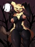 anthro areola big_breasts black_body blush breasts clawed_fingers claws digital_media_(artwork) female forest fur generation_7_pokemon genitals glistening glistening_body hair halloween hi_res holidays looking_at_viewer mimikyu monster nintendo nipples nude open_mouth plant pokemon pokemon_(species) pussy simple_background smile solo thick_thighs tree video_games wide_hips xintro 
