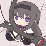  1girl :&lt; akemi_homura black_hair blush chibi closed_mouth film_grain fumo_(doll) hairband long_hair looking_at_viewer lowres mahou_shoujo_madoka_magica pantyhose purple_eyes seatbelt sitting solo yuno385 