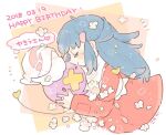  1girl beanie blue_hair closed_eyes closed_mouth coat dark_blue_hair dawn_(pokemon) drifloon flower half_updo hat hat_removed headwear_removed katiko long_hair long_sleeves pokemon pokemon_(creature) pokemon_(game) pokemon_dppt pokemon_platinum red_coat scarf smile white_flower white_headwear white_scarf 