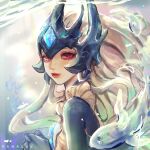  1girl animification blonde_hair brown_dress dress english_commentary eyelashes floating_hair from_side hanacues headdress highres league_of_legends long_hair looking_at_viewer nami_(league_of_legends) own_hands_together parted_lips red_hair solo sparkling_eyes underwater very_long_hair 