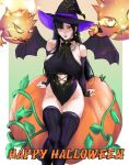  1girl arialla_draws bare_shoulders bat_wings black_hair bomb_(final_fantasy) breasts clothing_cutout detached_sleeves earrings final_fantasy final_fantasy_vii final_fantasy_vii_remake halloween hat highres jewelry large_breasts lipstick long_hair looking_at_viewer makeup midriff_peek pumpkin red_eyes red_lips sitting solo stomach_cutout thighhighs thighs tifa_lockhart wings witch witch_hat 