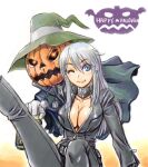  1girl amania_orz blue_eyes blue_hair bodysuit breasts center_opening cleavage closed_mouth collar collarbone devil_summoner happy_halloween large_breasts lipstick long_hair looking_at_viewer makeup nemissa one_eye_closed pyro_jack smile soul_hackers zipper 