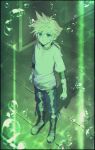  1boy aged_down arms_at_sides bandage_on_face bandages bandaid bandaid_on_arm black_shirt blonde_hair blue_eyes boots brick_floor bubble closed_mouth cloud_strife cracked_floor final_fantasy final_fantasy_vii final_fantasy_vii_remake full_body hair_between_eyes highres layered_shirt layered_sleeves long_hair looking_at_viewer low_ponytail male_child male_focus medium_hair pants shi3ashi3a shirt short_sleeves shorts solo spiked_hair standing t-shirt undershirt white_shirt 