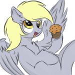  blonde_hair derp_eyes derpy_hooves_(mlp) digital_media_(artwork) equid equine eyelashes feathered_wings feathers female feral food friendship_is_magic fur grey_body grey_feathers grey_fur hair happy hasbro hi_res holding_food holding_object hooves kusturbrick mammal muffin my_little_pony open_mouth open_smile pegasus simple_background smile white_background wings yellow_eyes 