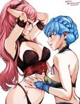  2girls bangs blue_hair blush braid breasts brown_eyes cleavage crown_braid eye_contact fire_emblem fire_emblem:_three_houses grabbing hilda_valentine_goneril large_breasts lingerie long_hair looking_at_another marianne_von_edmund mina_cream multiple_girls pink_eyes pink_hair thong twintails underwear yuri 