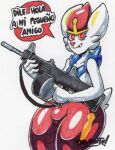  2021 anthro bottomwear bulge cinderace clothing dialogue fur generation_8_pokemon gesture girly gun hair hi_res looking_at_viewer male nintendo pants parasitedeath pokemon pokemon_(species) ranged_weapon red_eyes red_hair red_nose shotgun simple_background solo spanish_text speech_bubble talking_to_viewer text thick_thighs traditional_media_(artwork) translated video_games weapon white_background white_body white_fur wide_hips 
