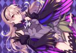  1girl alternate_costume bangs barefoot black_hairband black_sleeves black_thighhighs blonde_hair breasts butterfly_wings collar commentary_request corrin_(fire_emblem) corrin_(fire_emblem)_(female) detached_sleeves dress eyelashes feet fire_emblem fire_emblem_fates foot_out_of_frame foot_up frilled_collar frills hair_between_eyes hairband hiyori_(rindou66) long_hair lying medium_breasts on_side open_mouth pointy_ears purple_dress purple_wings red_eyes shadow shiny shiny_hair shiny_skin short_dress sidelocks solo swept_bangs thighhighs thighs toes watermark wings 