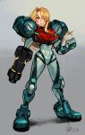  1girl alex_ahad arm_cannon blonde_hair clenched_hand full_body grey_background hair_over_one_eye highres looking_at_viewer metroid metroid_dread mole mole_under_mouth narrow_waist power_armor samus_aran solo standing weapon 