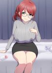  1girl absurdres aqua_eyes bed black_skirt bottle breast_pump breasts curtains glasses grey_sweater hand_on_own_chest highres lactation lactation_through_clothes large_breasts milking_machine mole on_bed original panties red_hair sakamata sitting skirt sweater underwear 