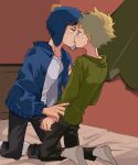  2boys bishounen black_hair black_pants blonde_hair blue_jacket craig_tucker face-to-face fur_hat green_eyes green_shirt hands_on_another&#039;s_arms hara1 hat indoors jacket kiss looking_at_another male_focus messy_hair multiple_boys on_bed pants shirt short_hair socks south_park tweek_tweak white_shirt white_socks yaoi 