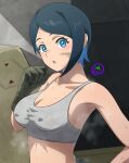  1girl :o adamis0108 artist_logo bare_shoulders blue_eyes blue_hair blue_jumpsuit breasts brown_gloves check_commentary collarbone colored_inner_hair commentary commentary_request covered_nipples dark_blue_hair dirty dirty_face gloves gundam gundam_suisei_no_majo highres jumpsuit mechanic medium_breasts multicolored_hair navel nika_nanaura open_mouth shirt short_hair solo steam steaming_body stomach sweat sweating_profusely tank_top tied_jumpsuit upper_body white_shirt 