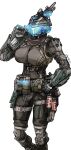  1girl assault_visor black_gloves breasts brown_bodysuit energy_gun gloves glowing gun hand_on_hip highres holding holding_gun holding_weapon holo_pilot_(titanfall_2) knee_pads kotone_a large_breasts m1901_mastiff over_shoulder pilot_(titanfall_2) science_fiction shotgun solo titanfall_(series) titanfall_2 trigger_discipline weapon weapon_over_shoulder white_background 